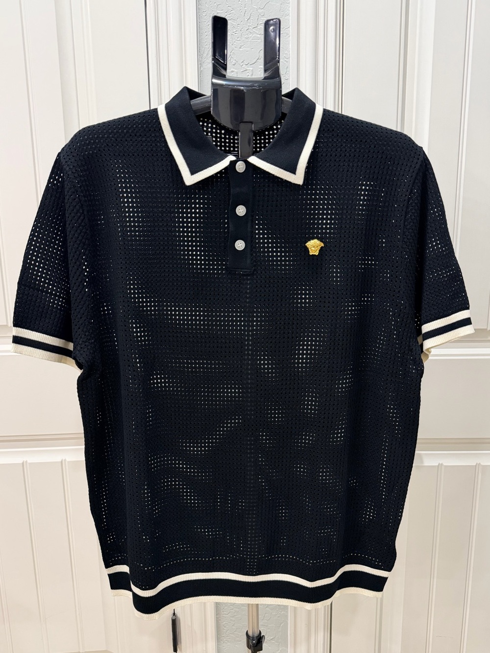 Versace Black Polo with Cream Trim and Gold Medusa